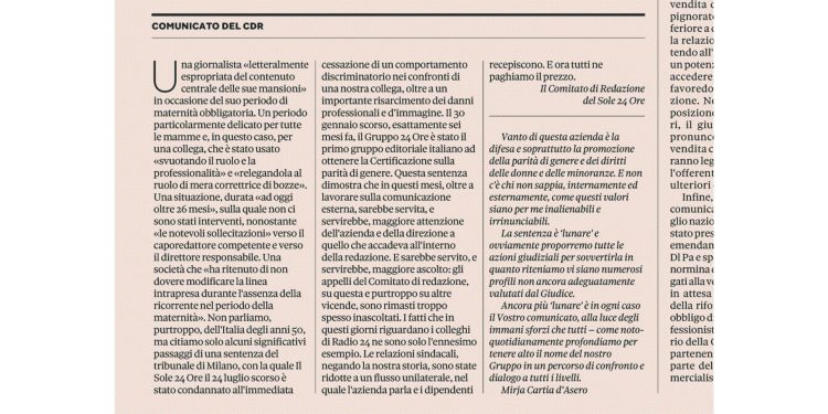 Sulla sentenza della giornalista-mamma discriminata al Sole 24 Ore botta del CdR e risposta “lunare” dell’amministratrice delegata