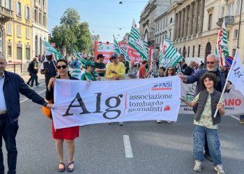 Primo Maggio sotto lo striscione Alg per i diritti dei giornalisti